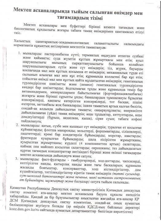 Мектеп асханаларында тыйым салынатын өнімдер мен тағамдардың тізімі