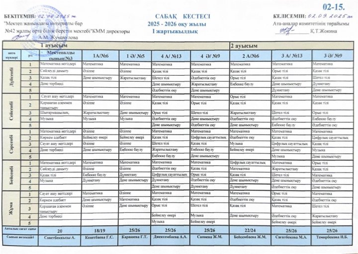 2025-2026 оқу жылының сабақ кестесі