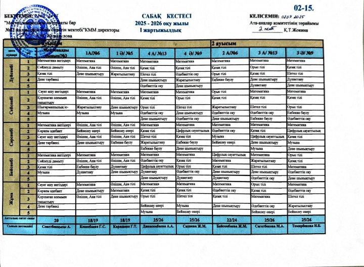 2025-2026 оқу жылының сабақ кестесі